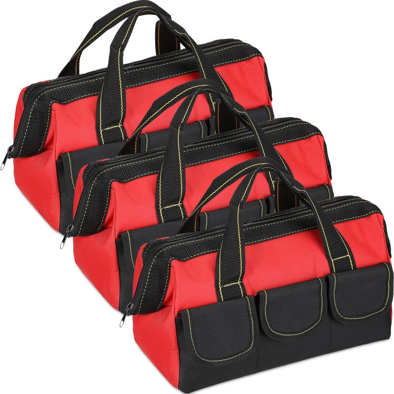 Sanwuta 3 Pack Tool Bag for Men with Waterproof Hard Bottom Heavy Duty Tool Bag Wide Mouth Tote for Various Instrument Electrician Carpenter Mechanic16 InchRed