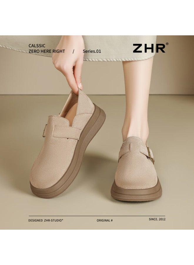 Zhr Thick-soled Buckle Shoes Women's Retro Round-toe Casual Shoes Lightweight Slip-on Single Shoes Jf202 Khaki 37 - Image 3