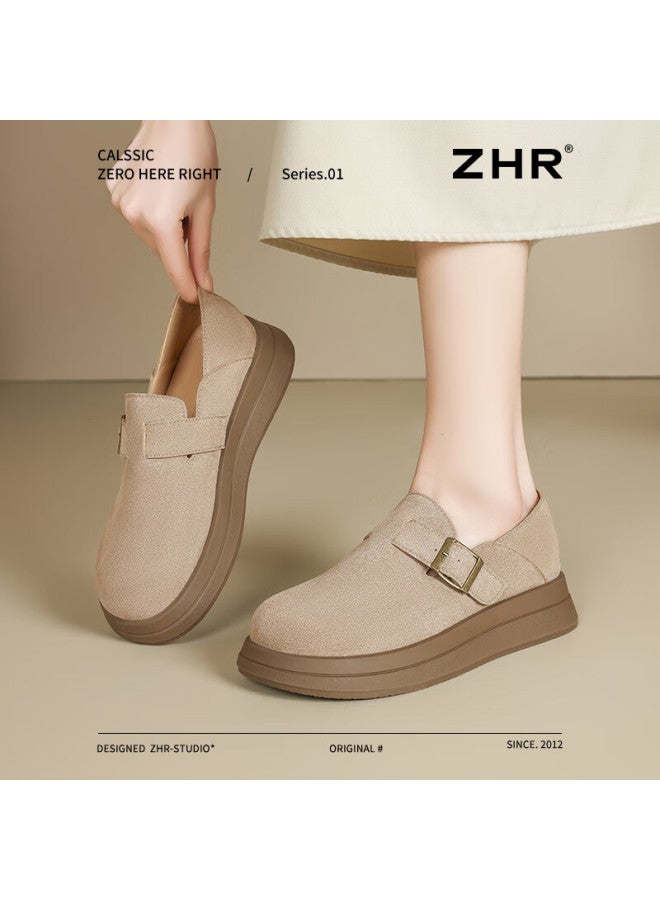 Zhr Thick-soled Buckle Shoes Women's Retro Round-toe Casual Shoes Lightweight Slip-on Single Shoes Jf202 Khaki 37 - Image 1