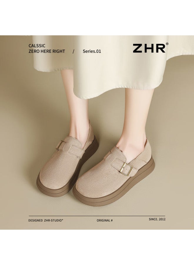 Zhr Thick-soled Buckle Shoes Women's Retro Round-toe Casual Shoes Lightweight Slip-on Single Shoes Jf202 Khaki 37 - Image 4