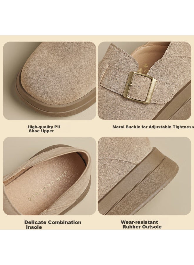 Zhr Thick-soled Buckle Shoes Women's Retro Round-toe Casual Shoes Lightweight Slip-on Single Shoes Jf202 Khaki 37 - Image 5