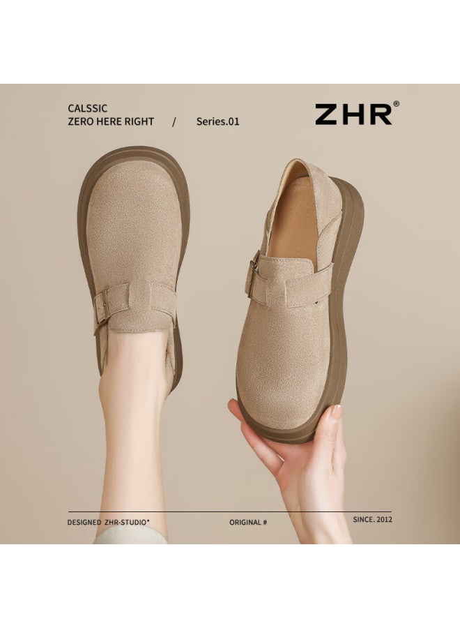 Zhr Thick-soled Buckle Shoes Women's Retro Round-toe Casual Shoes Lightweight Slip-on Single Shoes Jf202 Khaki 37 - Image 2
