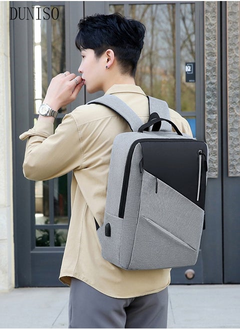 Large Capacity Dual-Shoulder Computer Bag, High-Density Scratch Resistant And Waterproof Fabric Laptop Backpack With USB Charging Port, Comfortable Shoulder Strap And Reflective Logo,Grey
