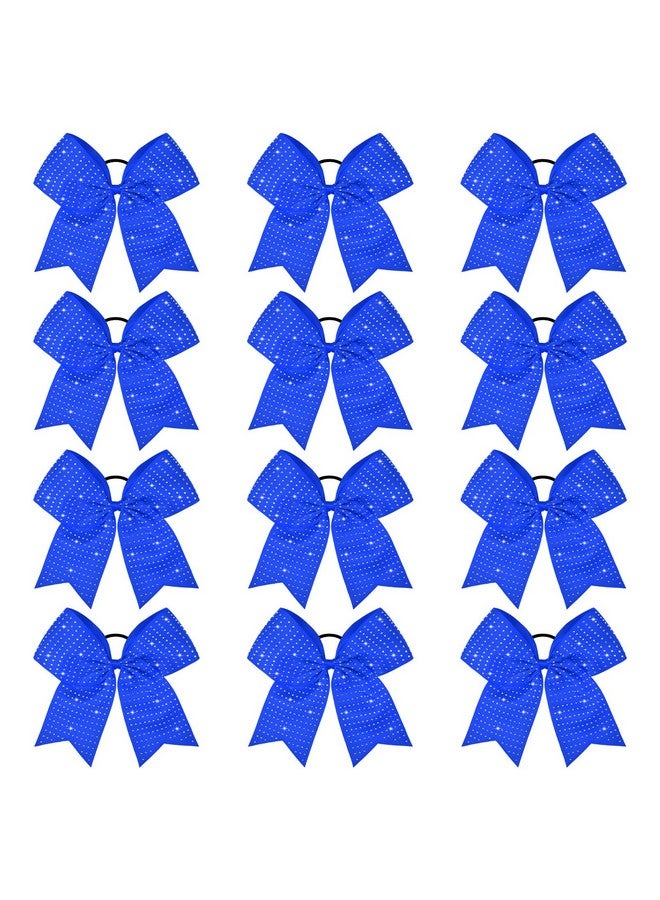 CEELGON 12 PCS Royal Blue Glitter Cheer Bows Large 8” Full Rhinestones Shiny Cheer Bow Elastic Hair Tie Bows for Teens Girls Softball Competition Sports Cheerleaders (Royal Blue) - Image 1