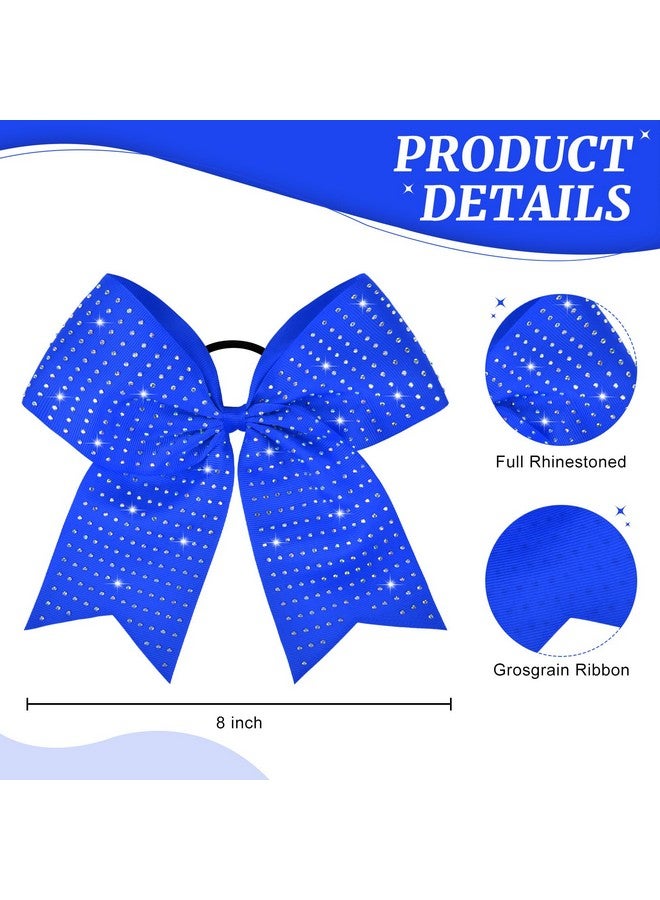CEELGON 12 PCS Royal Blue Glitter Cheer Bows Large 8” Full Rhinestones Shiny Cheer Bow Elastic Hair Tie Bows for Teens Girls Softball Competition Sports Cheerleaders (Royal Blue) - Image 2
