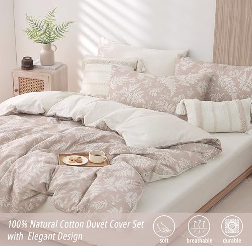 ALEISSEL 100 Natural Cotton 3pcs King Duvet Cover SetsDusty Pink Duvet Cover with Luxurious Off White Beige LeavesReversible Comforter Cover Sets with Button ClosureKingBotanical - Image 3