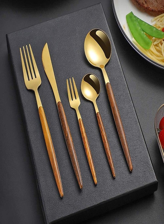 Naidev Gold 10Pcs Stainless Steel Silverware Set with Simulated Wooden Handle Flatware Cutlery Set for 2, Set for Home Restaurant Wedding, Dishwasher Safe. - Image 3