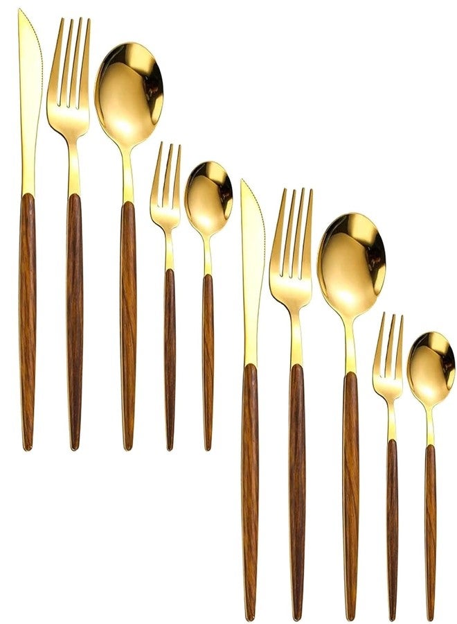 Naidev Gold 10Pcs Stainless Steel Silverware Set with Simulated Wooden Handle Flatware Cutlery Set for 2, Set for Home Restaurant Wedding, Dishwasher Safe. - Image 1