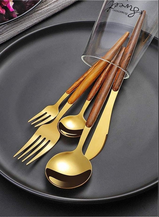 Naidev Gold 10Pcs Stainless Steel Silverware Set with Simulated Wooden Handle Flatware Cutlery Set for 2, Set for Home Restaurant Wedding, Dishwasher Safe. - Image 4