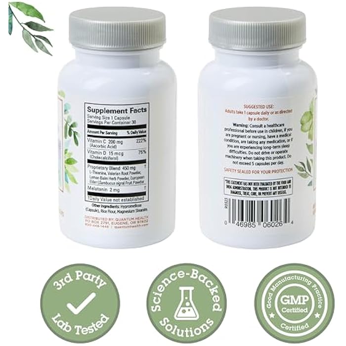 Quantum Health Sleep Immune Support Supplement Melatonin 2mg L Theanine & Valerian Root Plus Elderberry Vitamin C & D Immunity Boost - 30 Capsules - Image 2