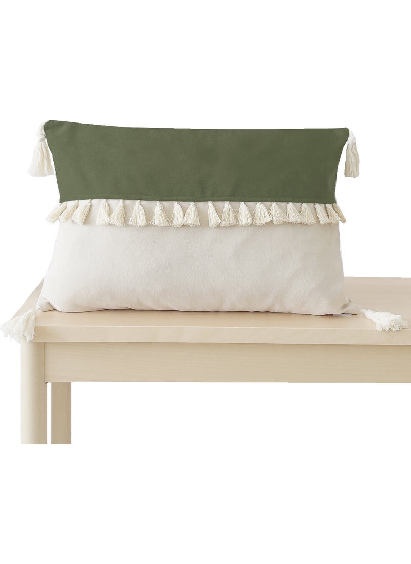 Ritmo Home Tasseled Fringed Scandinavian Throw Pillow Cover Green Cream  - Image 1