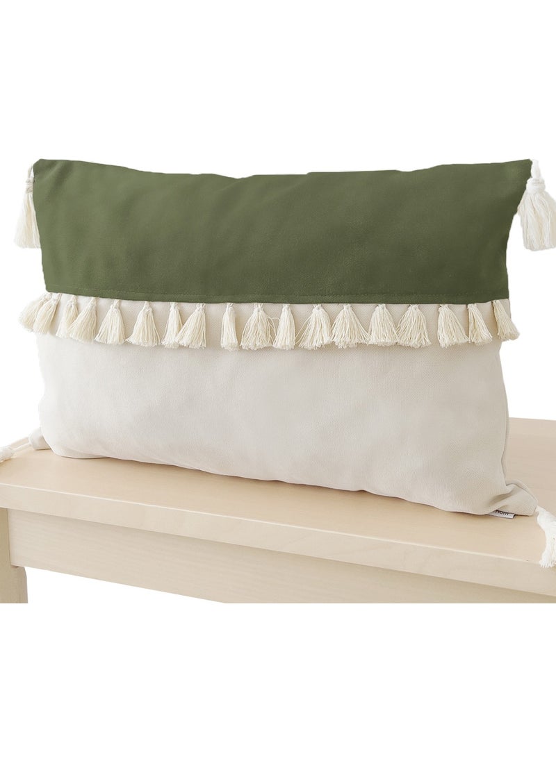 Ritmo Home Tasseled Fringed Scandinavian Throw Pillow Cover Green Cream  - Image 2