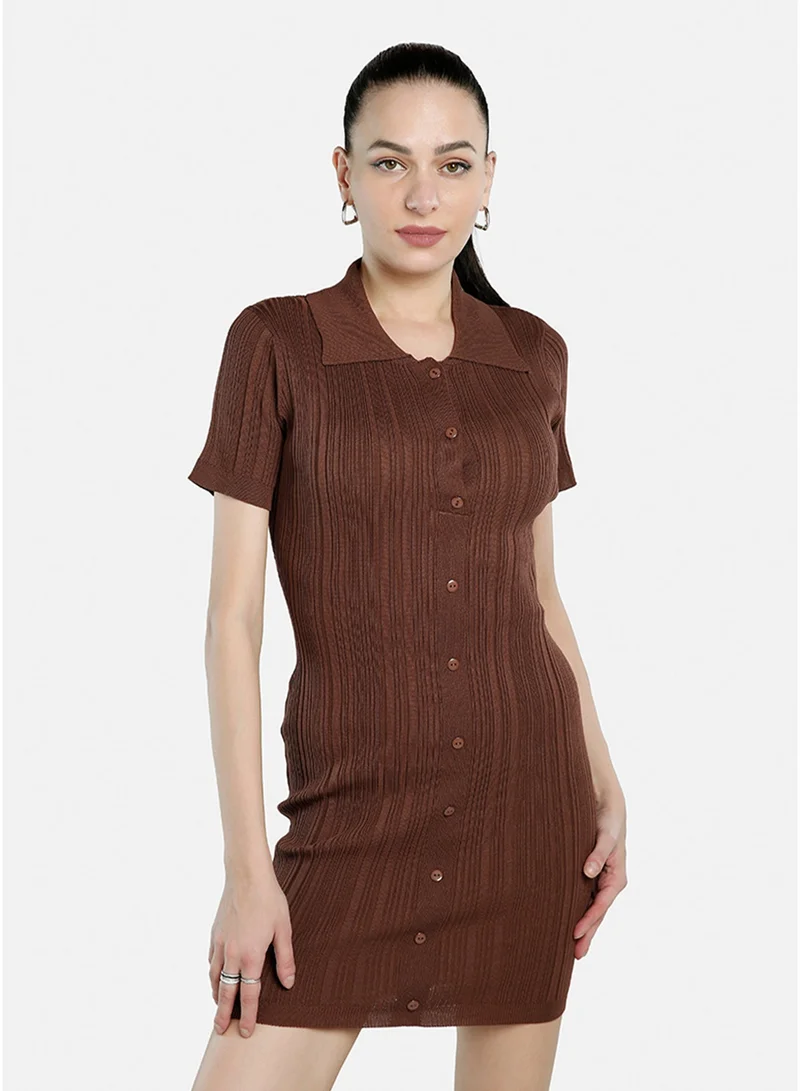 London Rag Women's Brown Collared Bodycon Sweater Dress