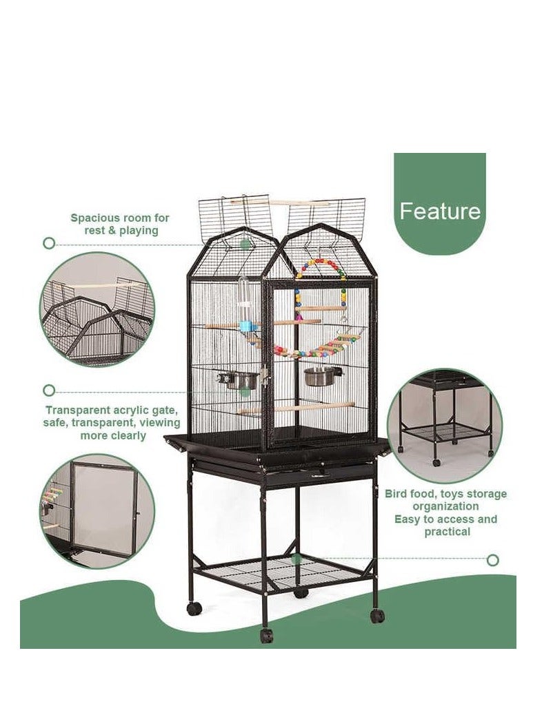 قفص بواجهة من الأكريليك من SHAMWA قفص ببغاء مع حامل متحرك 2 أعواد خشبية 2 حاوية طعام كبيرة مع حامل علوي للببغاوات الكبيرة مثل الكاسكو والكوكاتو والكونيور والببغاء والبادجي والسمك 123.57.57 سم - Image 4