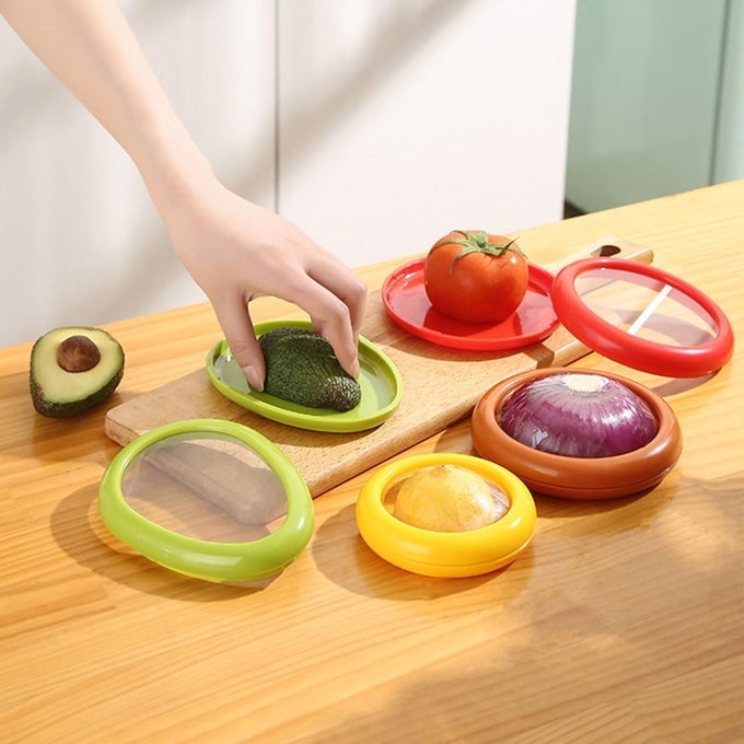 4PCS FRUIT AND VEGETABLE STORAGE CONTAINERS FOR REFRIGERATOR REUSABLE FOOD CONTAINERS AIRTIGHT VEGGIE CRISPER SEALED BOX SAVER FRESH KEEPER FOR CUT LEMON SLICED ONION