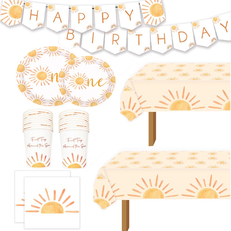 BIGKEOKI First Trip Inspired Around The Sun Birthday Decorations 102pcs Boho One Sun 1st Birthday Paper Plates Napkins Cups and Table Cloth You Are My Sun Sunshine Party Supplies Boho One Sun 1st Birthday Decoration - Image 1