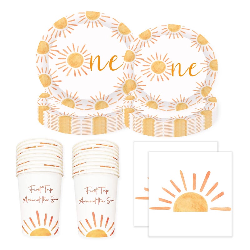 BIGKEOKI First Trip Inspired Around The Sun Birthday Decorations 102pcs Boho One Sun 1st Birthday Paper Plates Napkins Cups and Table Cloth You Are My Sun Sunshine Party Supplies Boho One Sun 1st Birthday Decoration - Image 4