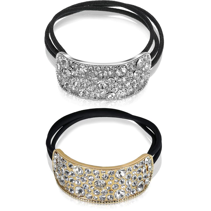 Diamond Ponytail Holder 2 Pcs Elastic Rhinestone Hair Accessories Gold Silver Ponytail Cuff Stretchy Glitter Hair Ties Fancy Decorative Hair Ties Elegant Hair Bands Scrunchies for Women