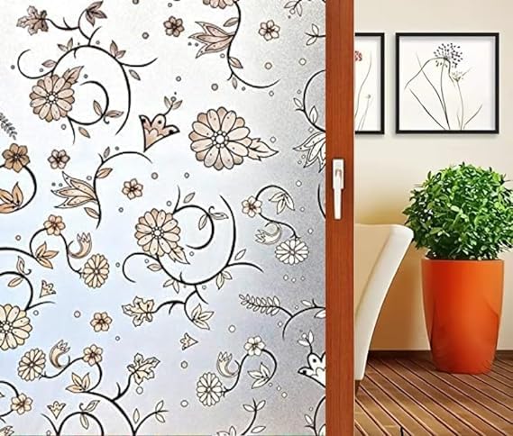 HAPPYMATES Window Privacy Film, Removable Frosted Glass Window Film for Bathroom, Opaque Static Cling Heat Control Door Sticker for Home Office (12 X 48 Inch, Black Daisy) - Image 1