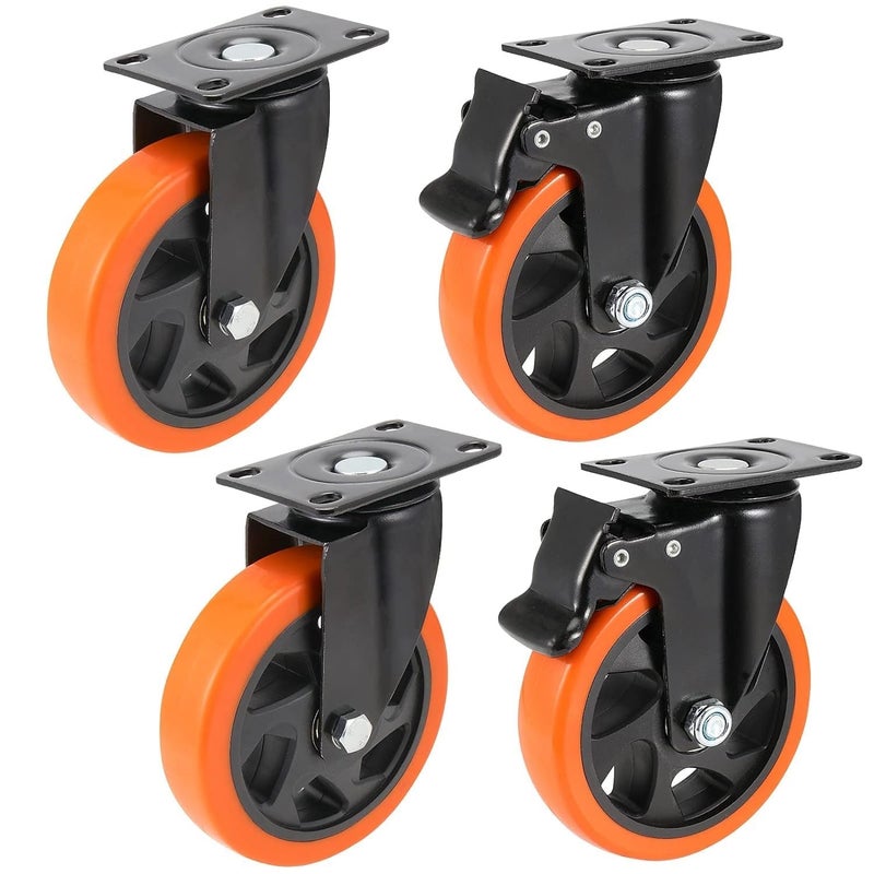 WeighTAJ Heavy Duty PolyurethanePU Caster Wheels360 degree Swivel Caster 4pc set2 with brakes2 Without brakesIdeal For Trolleys EquipmentFurnitureHome Industries etc 3 Orange PU - Image 1