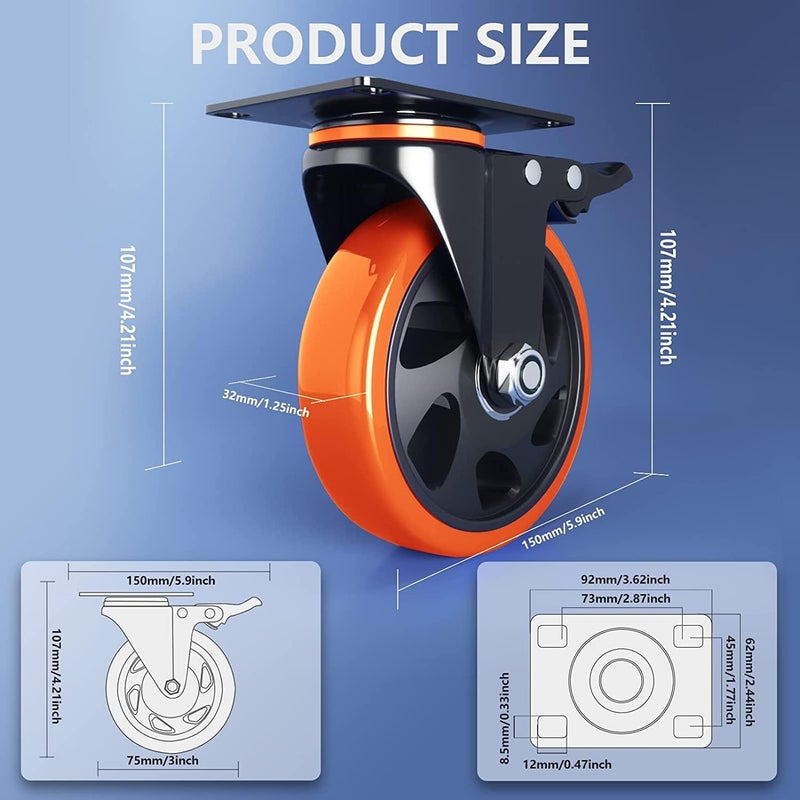 WeighTAJ Heavy Duty PolyurethanePU Caster Wheels360 degree Swivel Caster 4pc set2 with brakes2 Without brakesIdeal For Trolleys EquipmentFurnitureHome Industries etc 3 Orange PU - Image 2