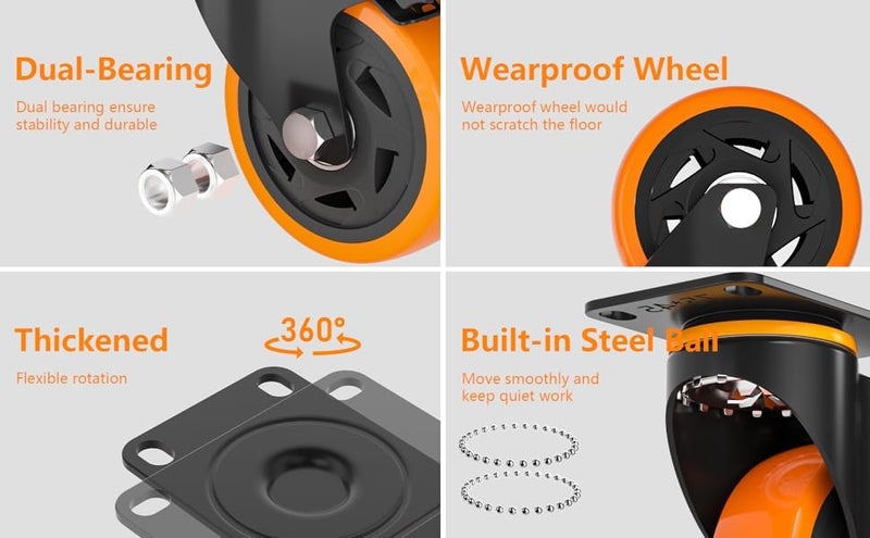 WeighTAJ Heavy Duty PolyurethanePU Caster Wheels360 degree Swivel Caster 4pc set2 with brakes2 Without brakesIdeal For Trolleys EquipmentFurnitureHome Industries etc 3 Orange PU - Image 3