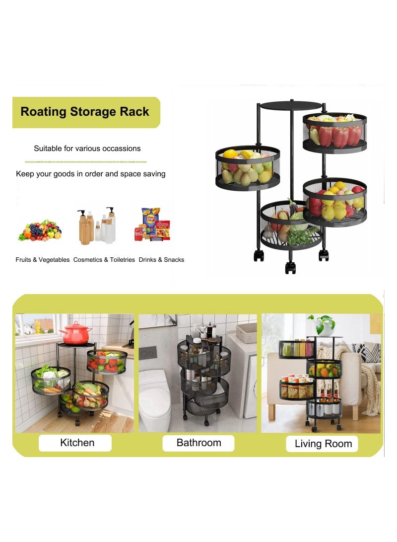 Rotating Storage Rack Shelves 4 Tier Round Rotating Vegetable Rack Fruit Basket Storage Trolley Rotating Storage Shelves for Kitchen Grocery Corns Potatoes(Black)  - Image 2