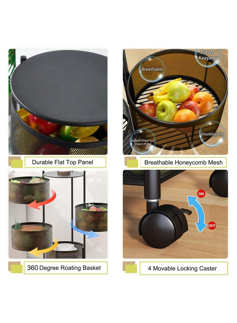 Rotating Storage Rack Shelves 4 Tier Round Rotating Vegetable Rack Fruit Basket Storage Trolley Rotating Storage Shelves for Kitchen Grocery Corns Potatoes(Black)  - Image 3