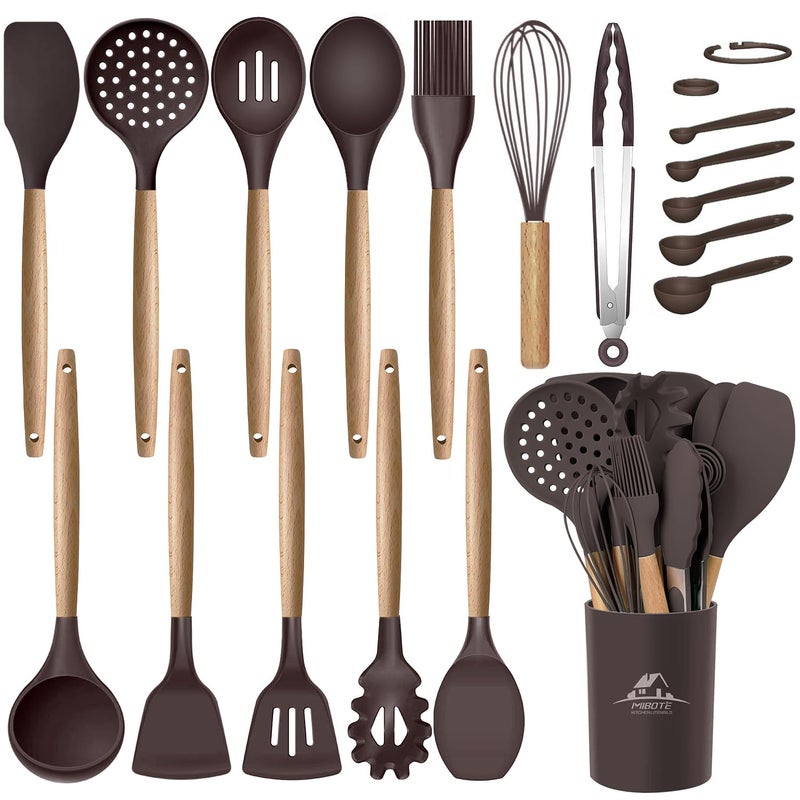 MIBOTE Silicone Cooking Kitchen Utensils Set with Holder Wooden Handles BPA Free Non Toxic Silicone Turner Tongs Spatula Spoon Kitchen Gadgets Utensil Set for Nonstick Cookware Coffee