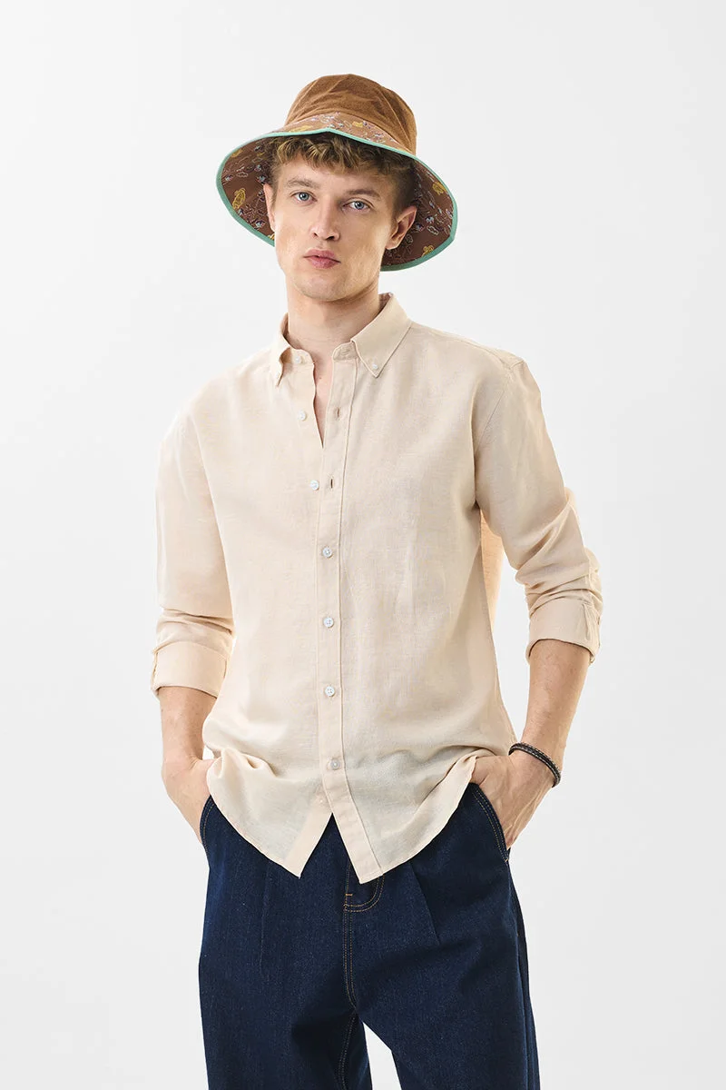 SNITCH Beige Solid Long Sleeve Slim Fit Shirt