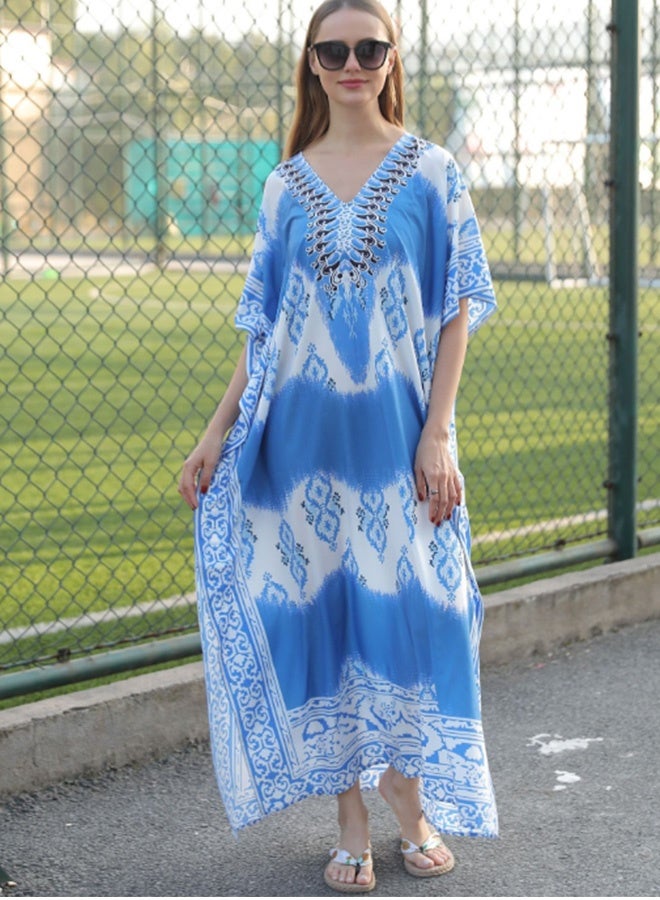JCB CHIC فستان قفطان صيفي طويل ， فستان قفطان قفطان نسائي قطن مطبوع كيمونو سباحة بغطاء كيمونو فضفاض رداء شاطئ فضفاض فستان ماكسي للمنزل المريح أو للنزهات على الشاطئ  - Image 2