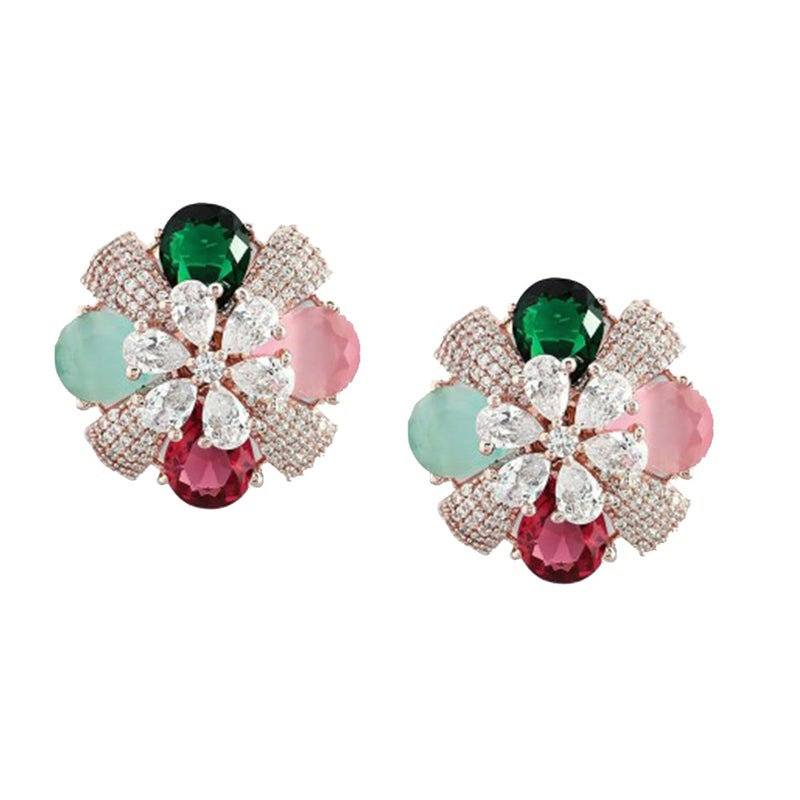 Rubans Rhodium Plated Crystal Emerald Green & Cubic Zirconia Studded Peacock Design Stud Earrings for Women & Girls – Perfect for Weddings & Special Occasions - Image 2