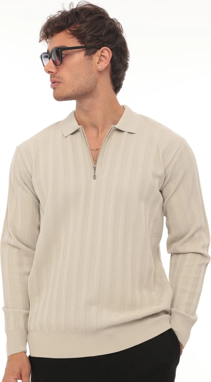 Miron Stone Honeycomb Textured Ribbed Polo Neck Knitted Sweater - 2445