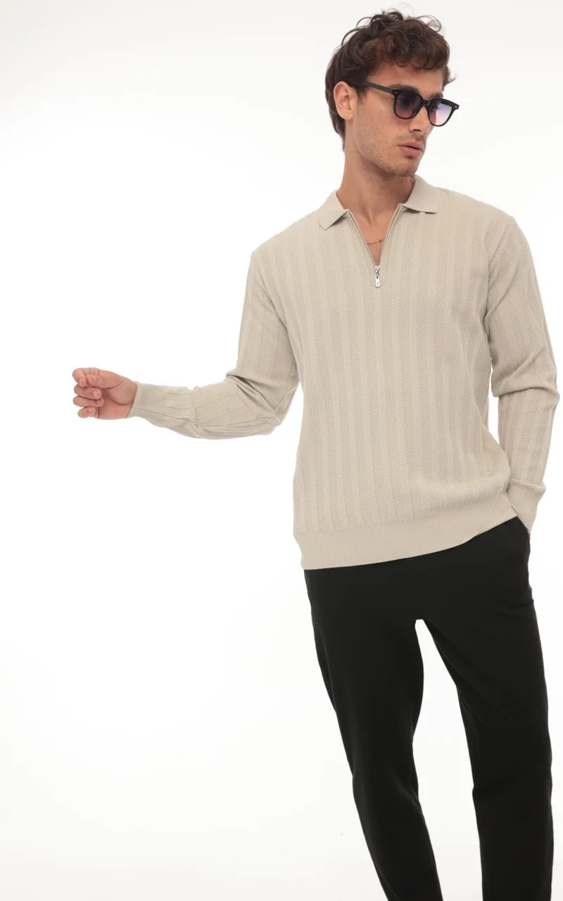 Miron Stone Honeycomb Textured Ribbed Polo Neck Knitted Sweater - 2445