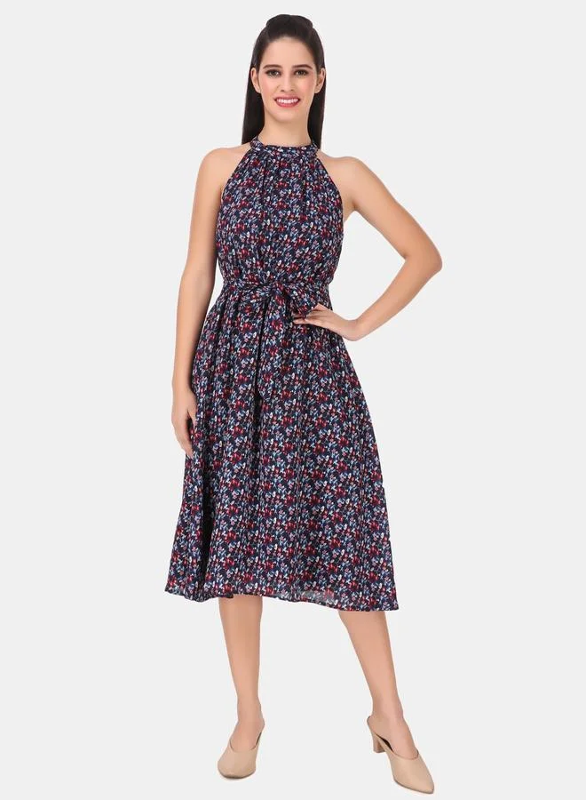 House Of Raeli Blue Floral Halter Neck A-Line Midi Dress