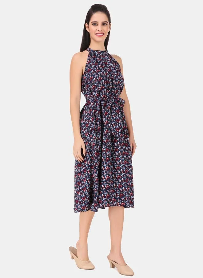 House Of Raeli Blue Floral Halter Neck A-Line Midi Dress