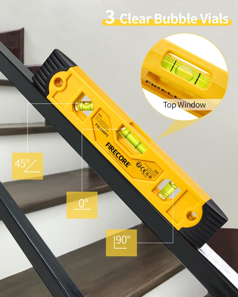 Firecore Torpedo Level Magnetic, Firecore 9 Inch Shockproof Small Leveler Tool with 3 Bubble Spirit Level 45 90 180 Degree, Construction Levelers for Hanging Pictures Install Shelf Home Renovation - Image 4