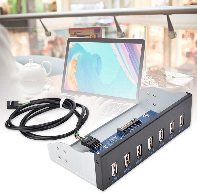 كلاراكو موزع USB 2.0، لوحة معدنية أمامية داخلية، 5.25 بوصة، موزع USB بـ 7 منافذ، لوحة توصيل USB 2.0 من 9 دبابيس إلى 6 منافذ، مناسب لأجهزة الكمبيوتر مقاس 5.25 بوصة، الماسحات الضوئية، والآلات الكاتبة. - Image 2