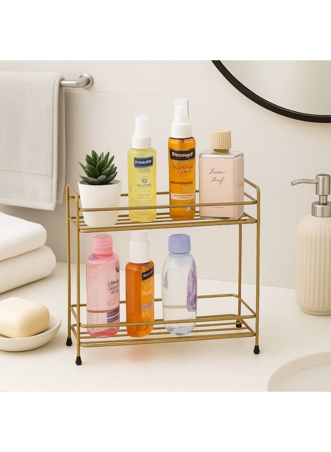 2-Tier Gold Metal Organizer Rack for Bathroom & Kitchen – Compact Storage Shelf - Image 3