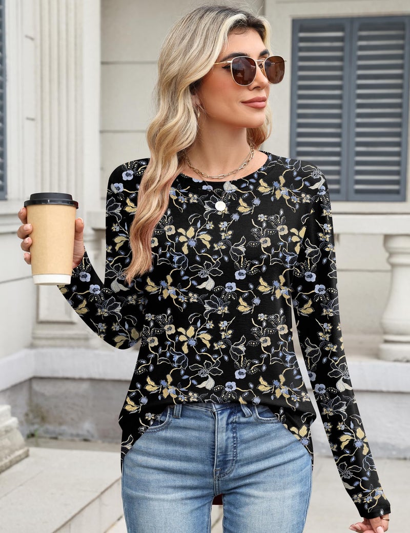 TCOT Womens T Shirts Spring Long Sleeve Crew Neck Tunic Tops to Wear with Leggings Blouse Black Cute Clothes L - Image 2