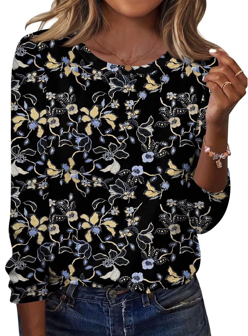 TCOT Womens T Shirts Spring Long Sleeve Crew Neck Tunic Tops to Wear with Leggings Blouse Black Cute Clothes L - Image 1