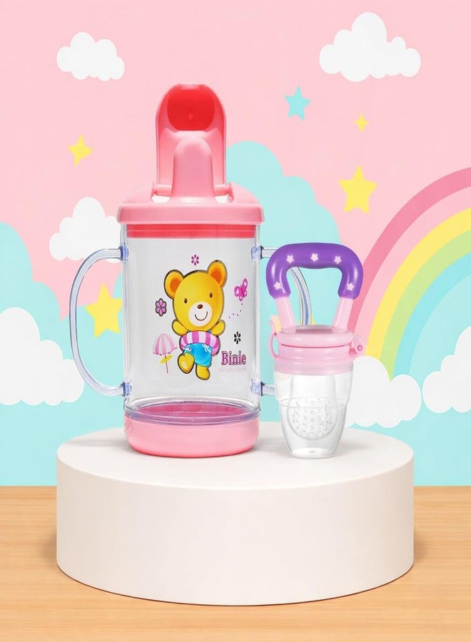 Alya The Cheeky kIdzz Baby Feeding Sipper Unbreakable Plastic Bottle Cup/Mug Learning Sippy BPA Free with Baby Fruit Silicone Food Teether BPA Free (Pink) - Image 1