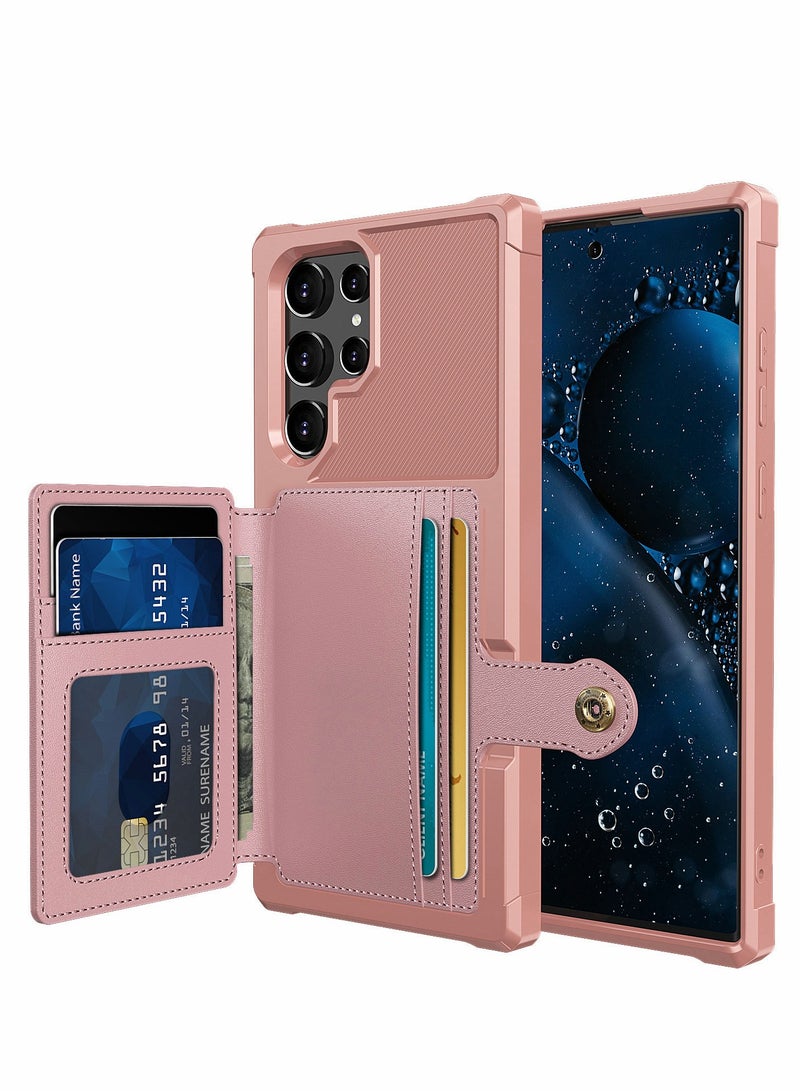 SYOSI Case for Galaxy S22 Ultra Cover with PU Leather Wallet Credit Card Holder Slot Anti Fall Shock Resistant Double Layers Protection Pink  - Image 1