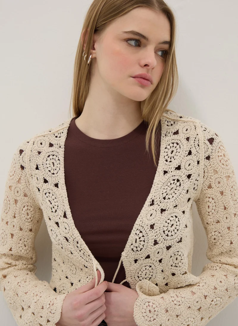 Ovs OVS Beige Cotton-Blend Regular-Fit Cardigan With Openwork Design
