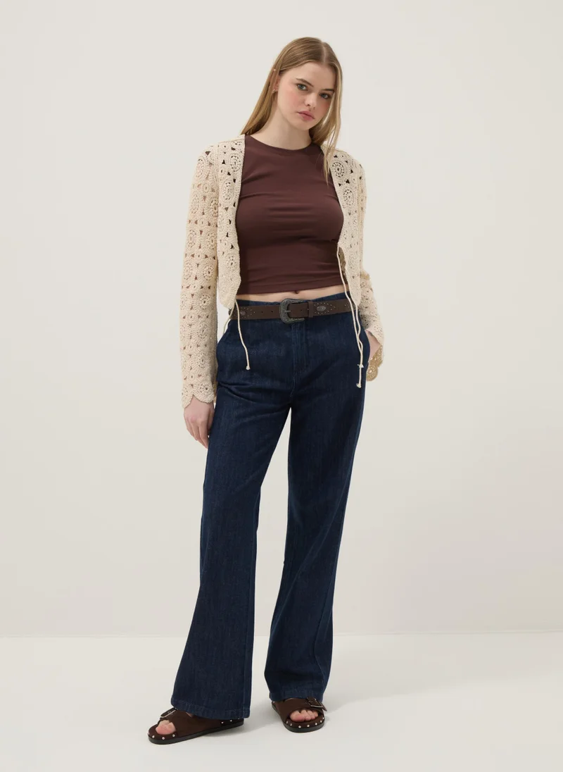 Ovs OVS Beige Cotton-Blend Regular-Fit Cardigan With Openwork Design