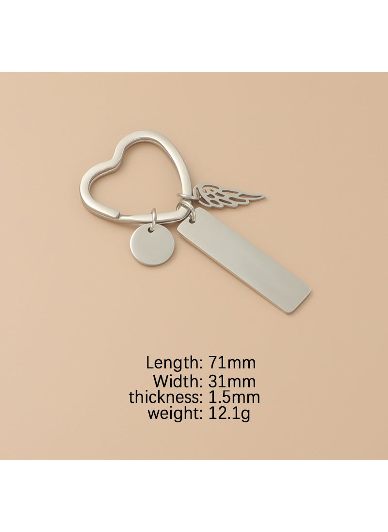 Generic Stainless Steel Heart Ring Round Piece Small Wings Long Bar Anti-Lost Brand Number Code Engraving Logo Keychain Pendant Package Steel color (MP458) 