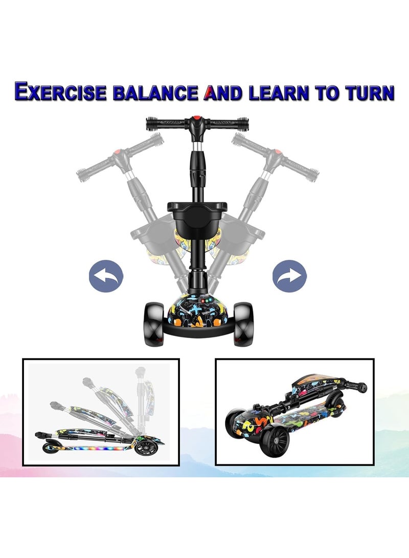 OHAHO 2-in-1 Kick Scooter, Adjustable Height Foldable Scooter Removable Seat, 3 LED Light Wheels and Anti-Slip Deck, Outdoor Activities for Boys Girls Ages 3-8 - Image 4