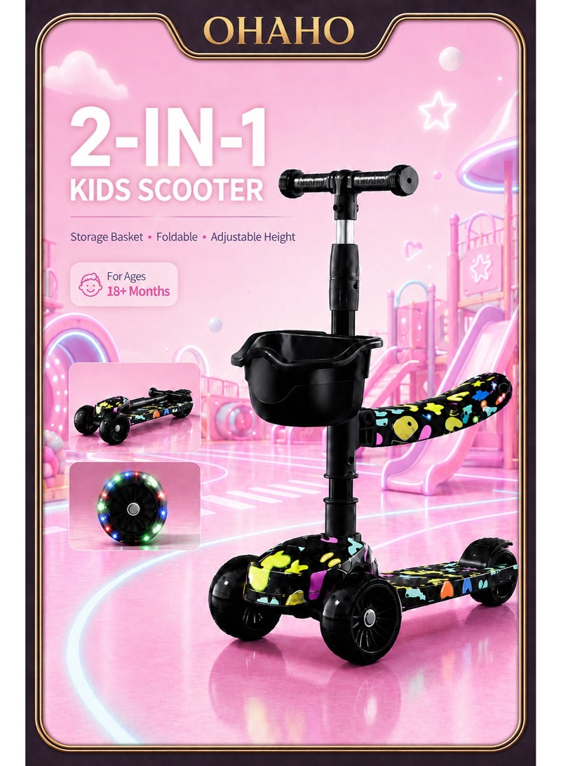 OHAHO 2-in-1 Kick Scooter, Adjustable Height Foldable Scooter Removable Seat, 3 LED Light Wheels and Anti-Slip Deck, Outdoor Activities for Boys Girls Ages 3-8 - Image 1