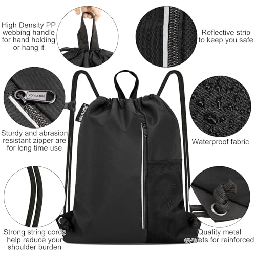 HOLYLUCK Men & Women Outdoor Sport Gym Sack Waterproof Drawstring Backpack Bag (black) - Image 4