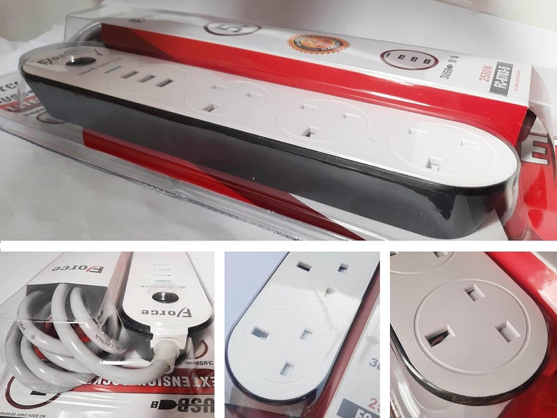 فورس شريط مقبس الطاقة FORCE مع 3 منافذ 2500 واط و 3 منافذ USB 3.1 أمبير، قابس بريطاني وسلك تمديد مضفر بطول 5 أمتار (17 قدمًا) للسفر والمكتب المنزلي - Image 2